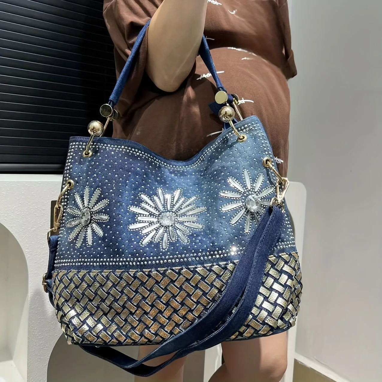 Elegant Denim Bucket Bag with Sparkling Rhinestone Detail - Large Capacity, Removable Strap, Zip Closure for Women