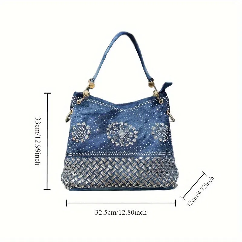 Elegant Denim Bucket Bag with Sparkling Rhinestone Detail - Large Capacity, Removable Strap, Zip Closure for Women