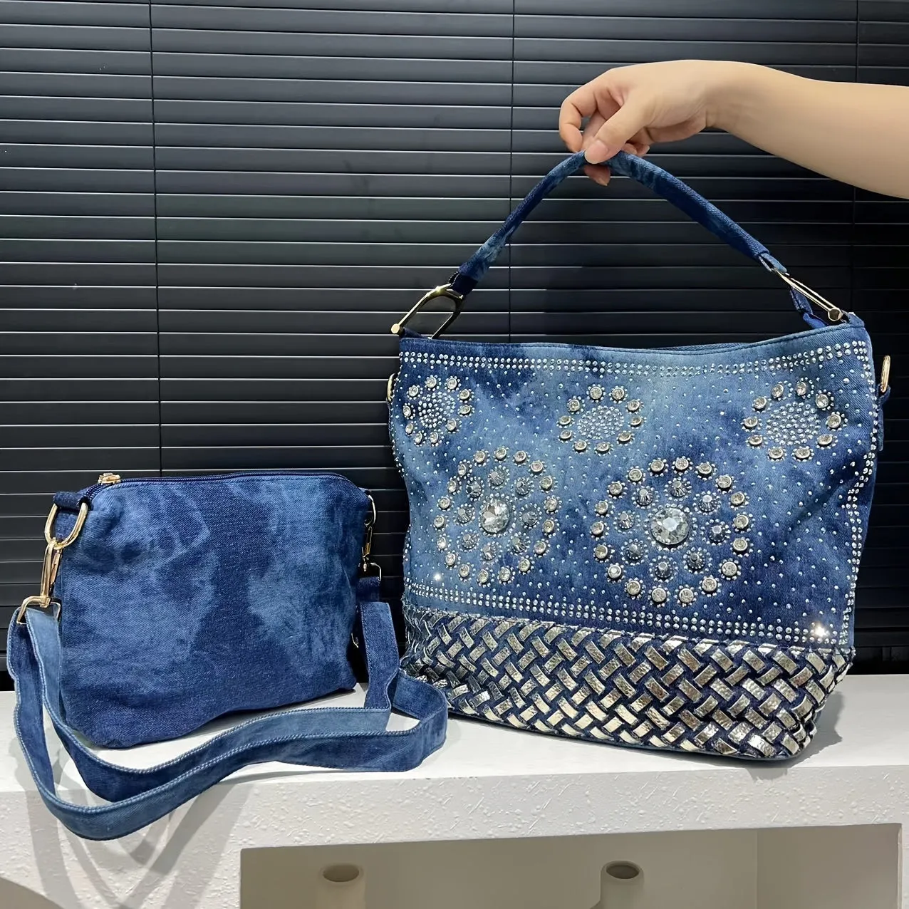 Elegant Denim Tote Bag with Sparkling Rhinestone Accents, Large Capacity, Detachable Strap - Chic Blue Shoulder & Crossbody Handbag for Women