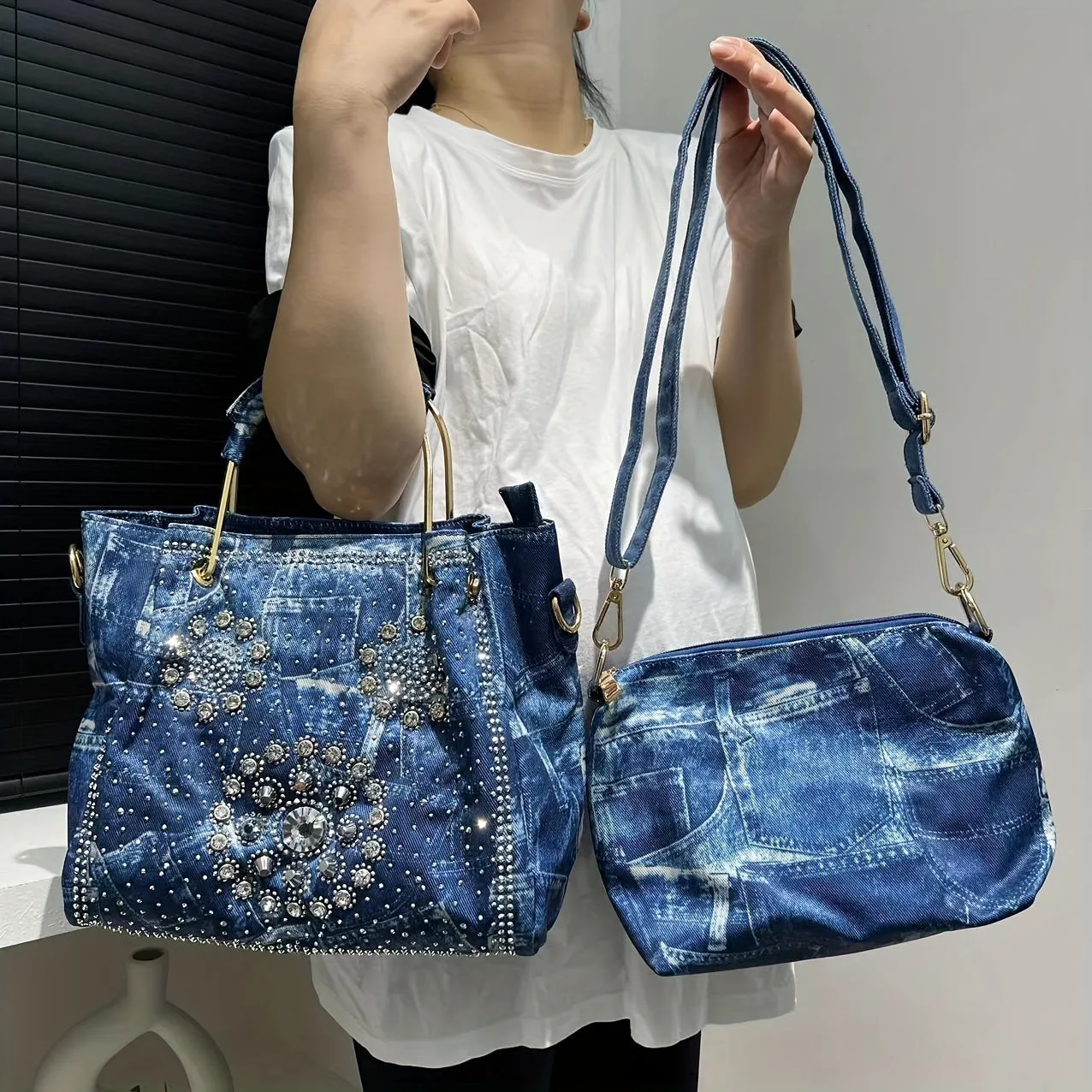 Elegant Denim Tote Bag with Sparkling Rhinestone Accents, Large Capacity Shoulder Handbag for Women - Detachable Strap