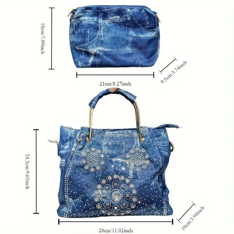 Elegant Denim Tote Bag with Sparkling Rhinestone Accents, Large Capacity Shoulder Handbag for Women - Detachable Strap