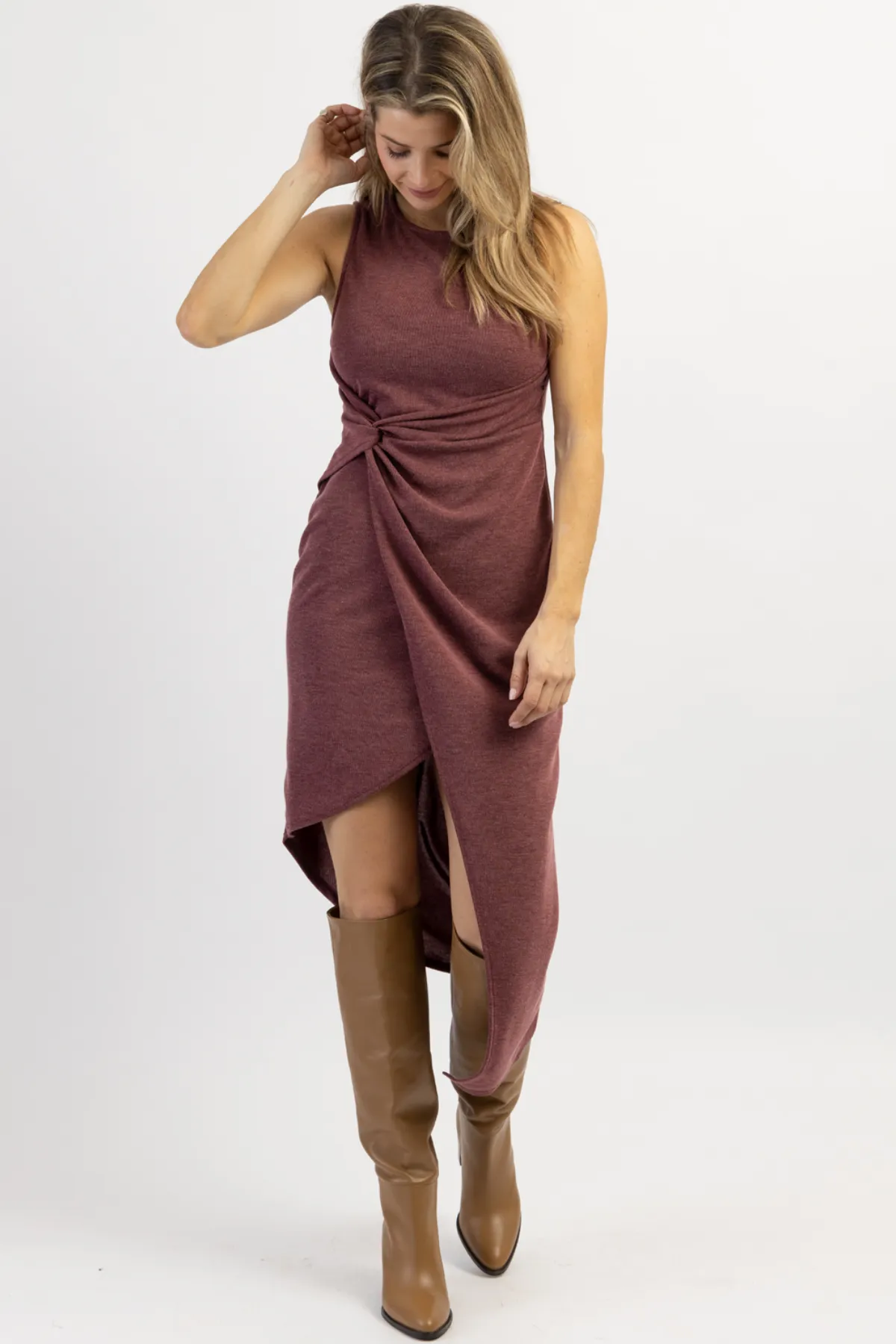 ESTELLA BURGUNDY TWIST MIDI DRESS