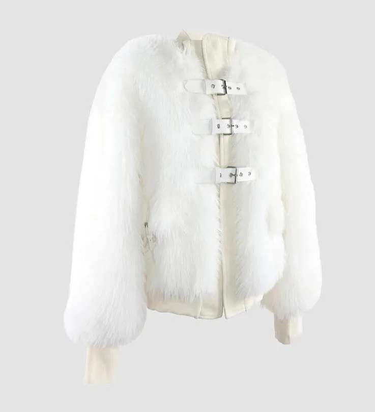 Faux Fox Fur Belt Detail Bomber Jacket