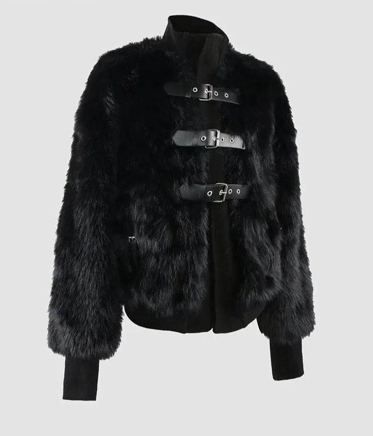 Faux Fox Fur Belt Detail Bomber Jacket