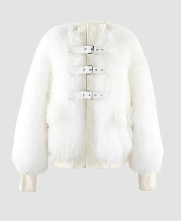 Faux Fox Fur Belt Detail Bomber Jacket