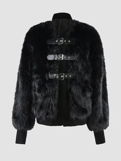 Faux Fox Fur Belt Detail Bomber Jacket