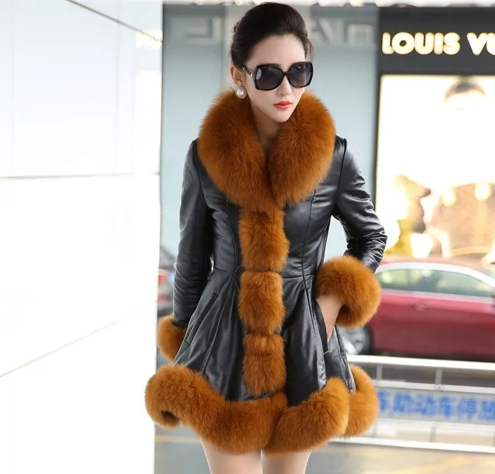 Faux fox fur big fur collar thick warm female leather coat long Women slim fur coat