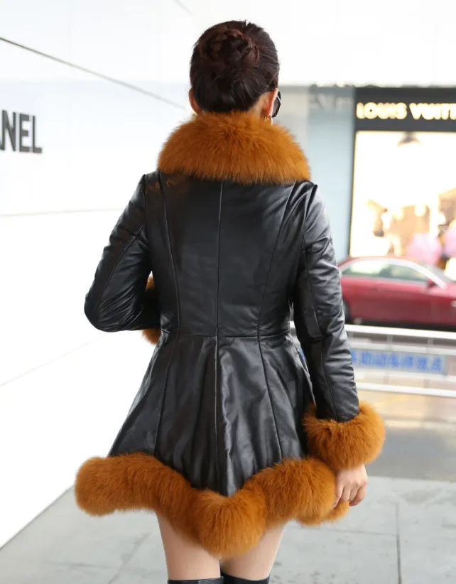 Faux fox fur big fur collar thick warm female leather coat long Women slim fur coat