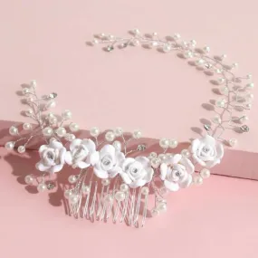 Faux pearl flower decor hair comb