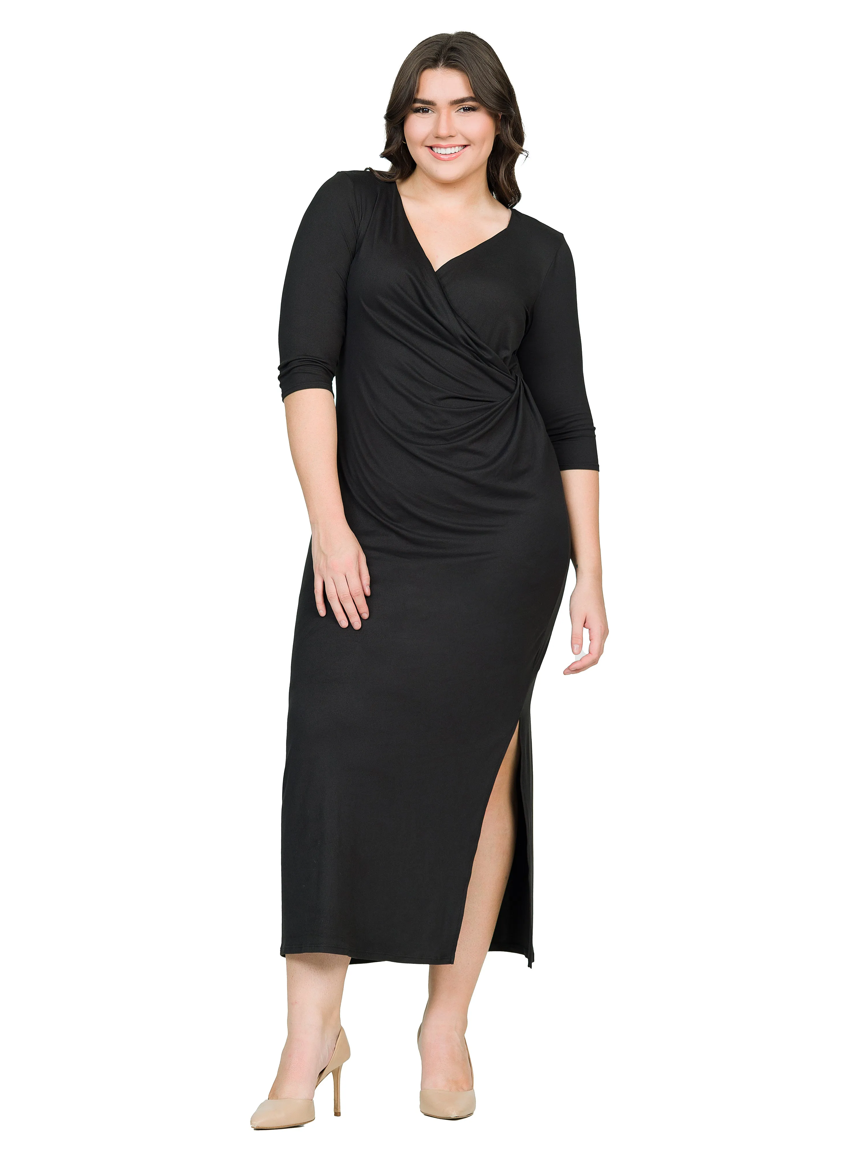 Fitted V-Neck Side Slit Plus Size Maxi Dress