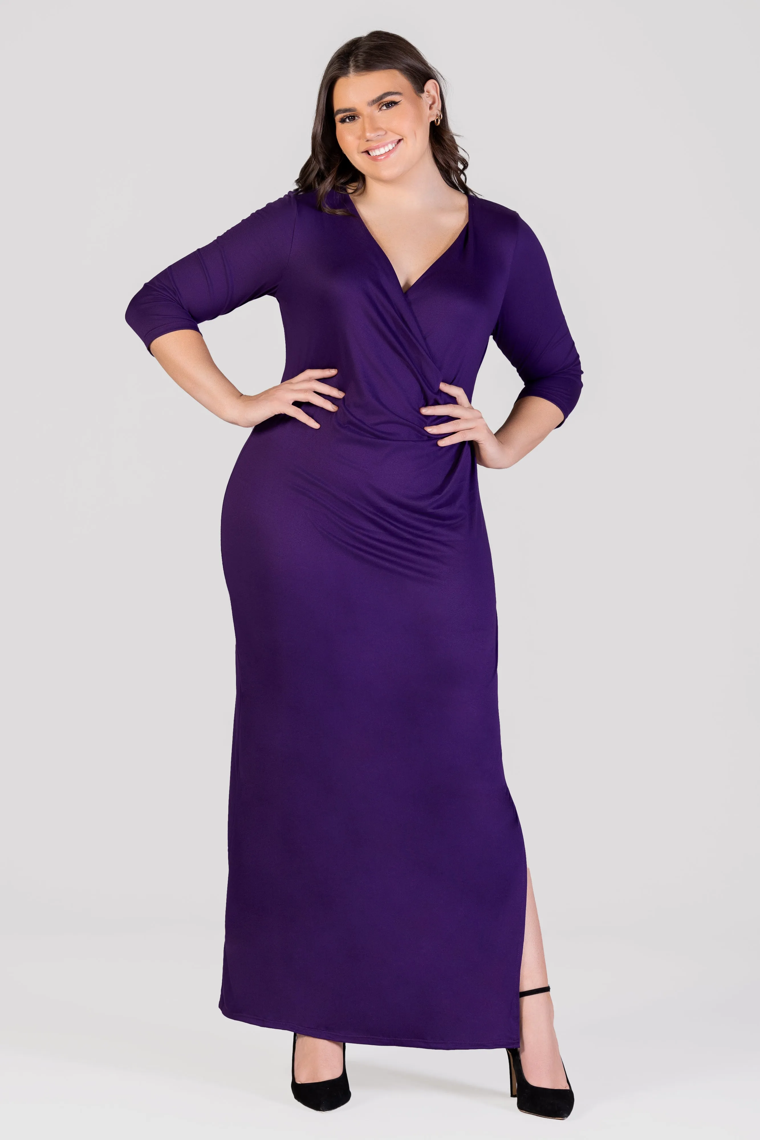 Fitted V-Neck Side Slit Plus Size Maxi Dress