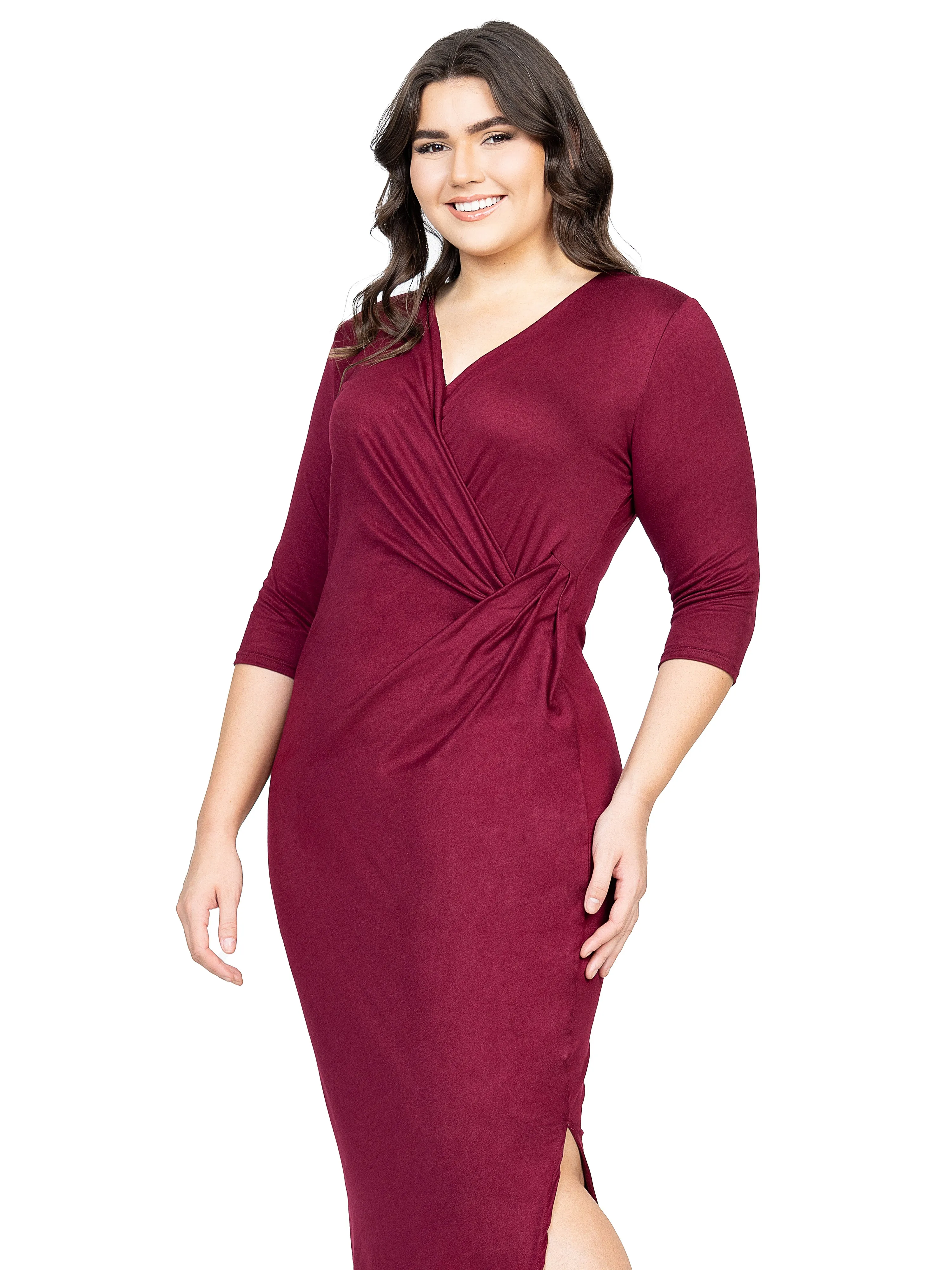 Fitted V-Neck Side Slit Plus Size Maxi Dress