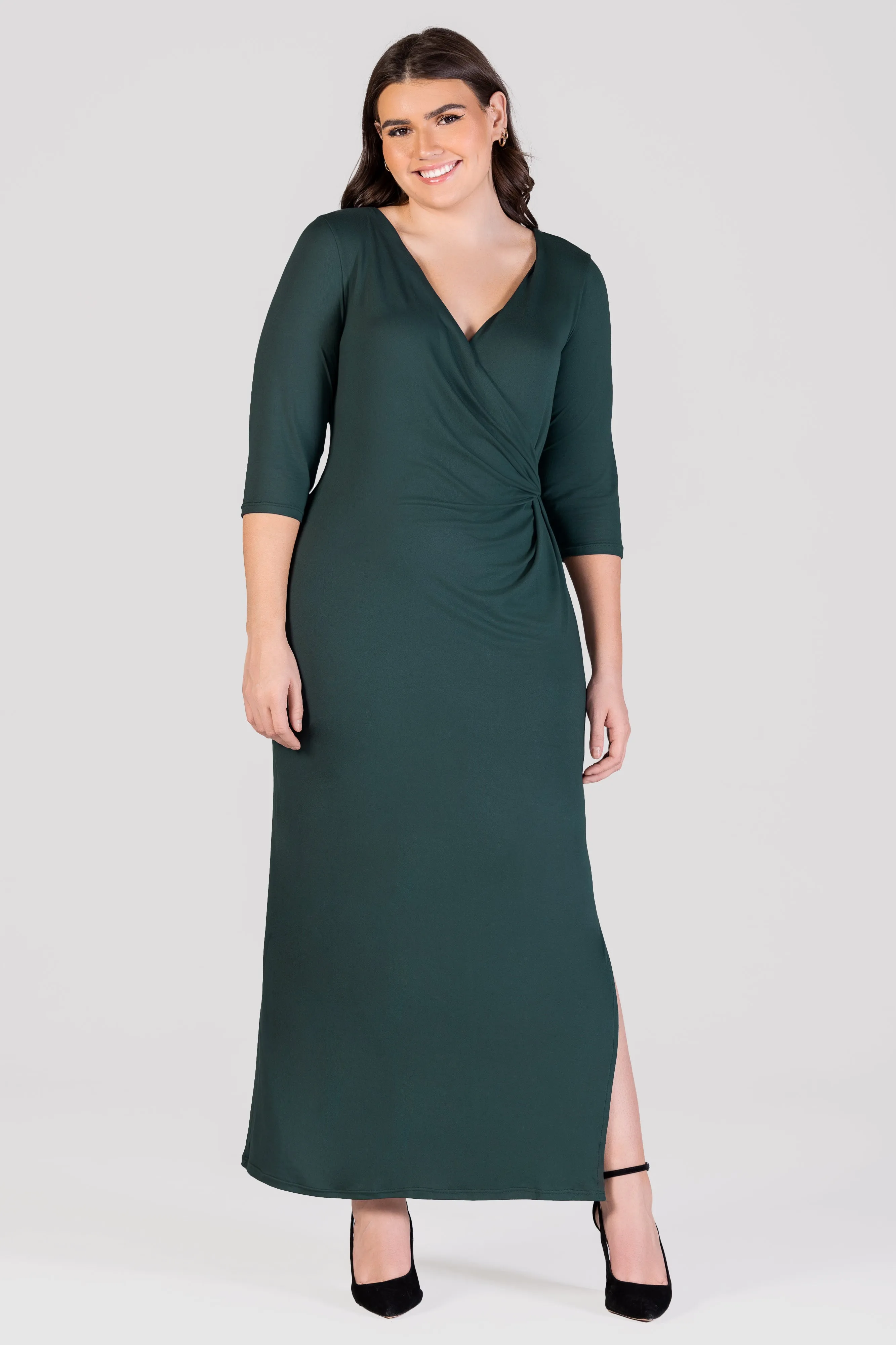 Fitted V-Neck Side Slit Plus Size Maxi Dress