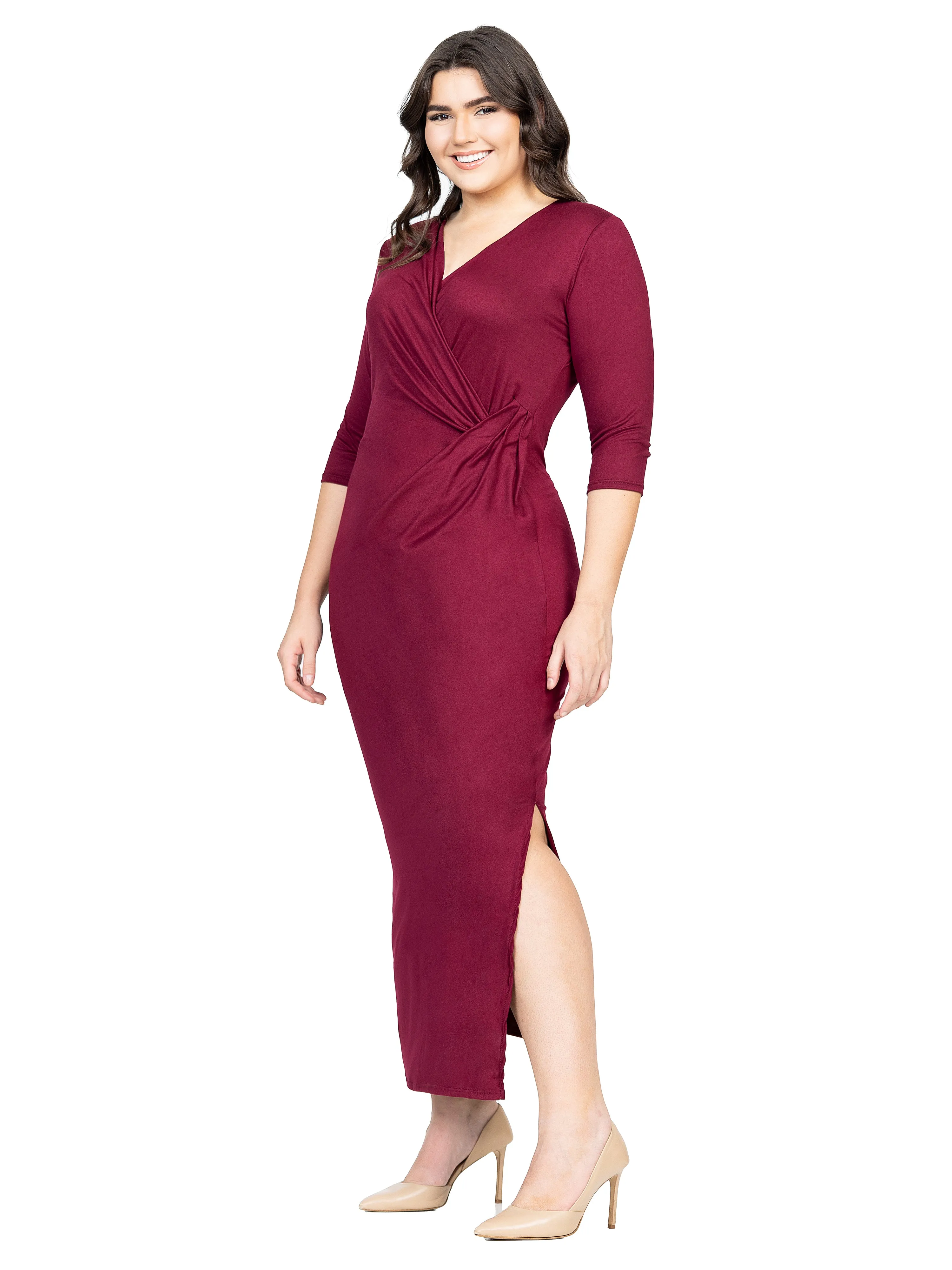 Fitted V-Neck Side Slit Plus Size Maxi Dress