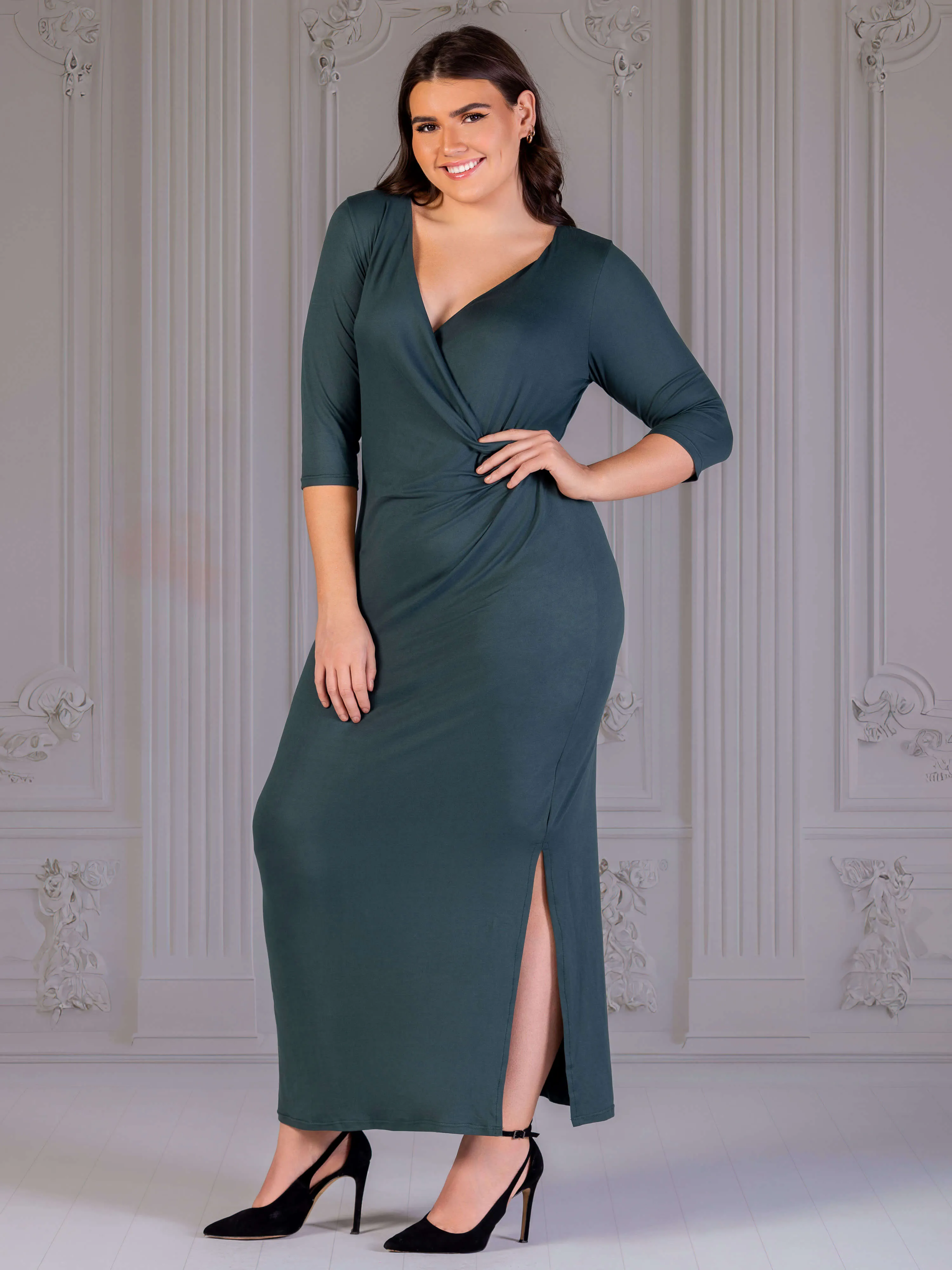 Fitted V-Neck Side Slit Plus Size Maxi Dress