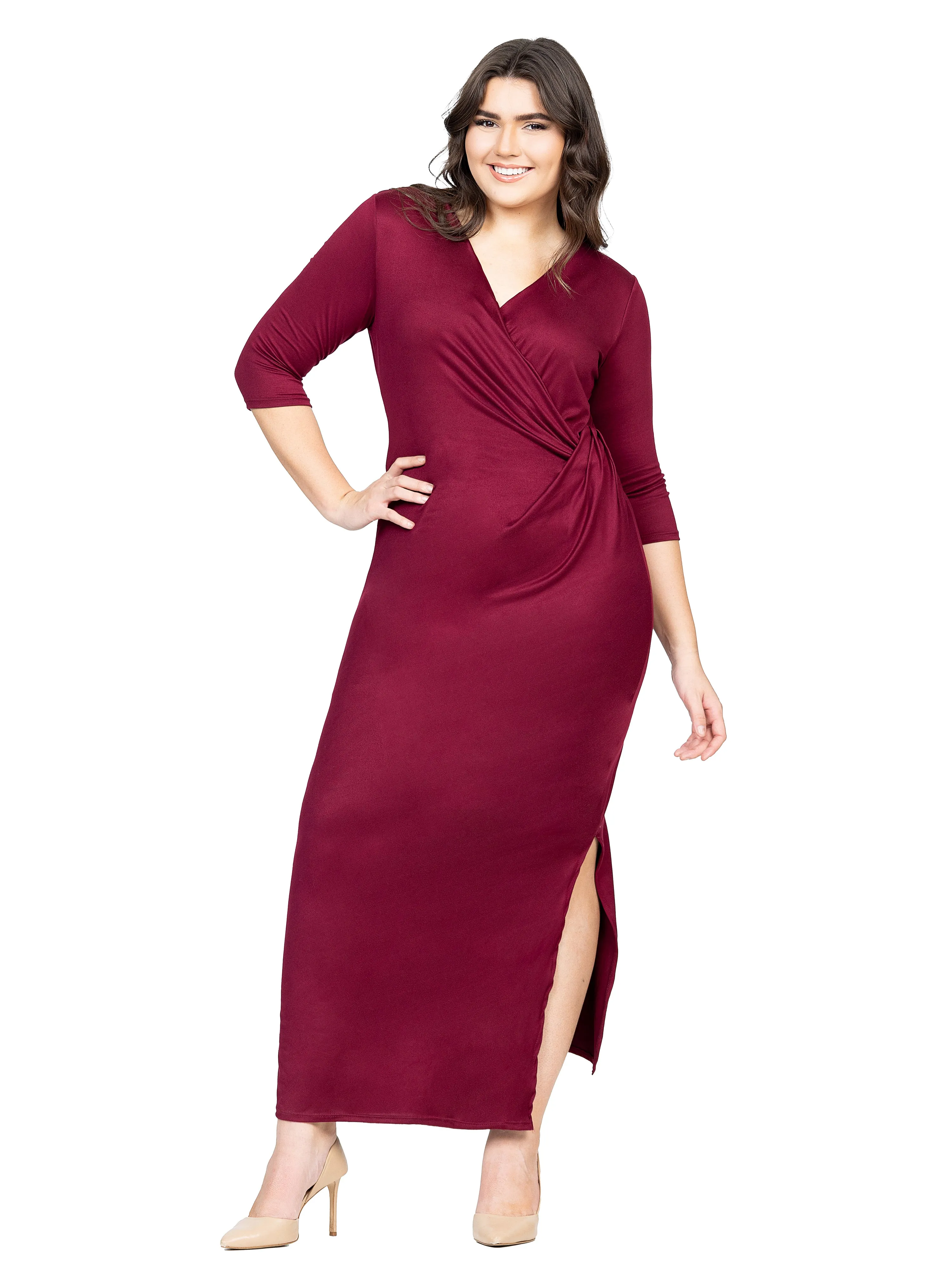 Fitted V-Neck Side Slit Plus Size Maxi Dress