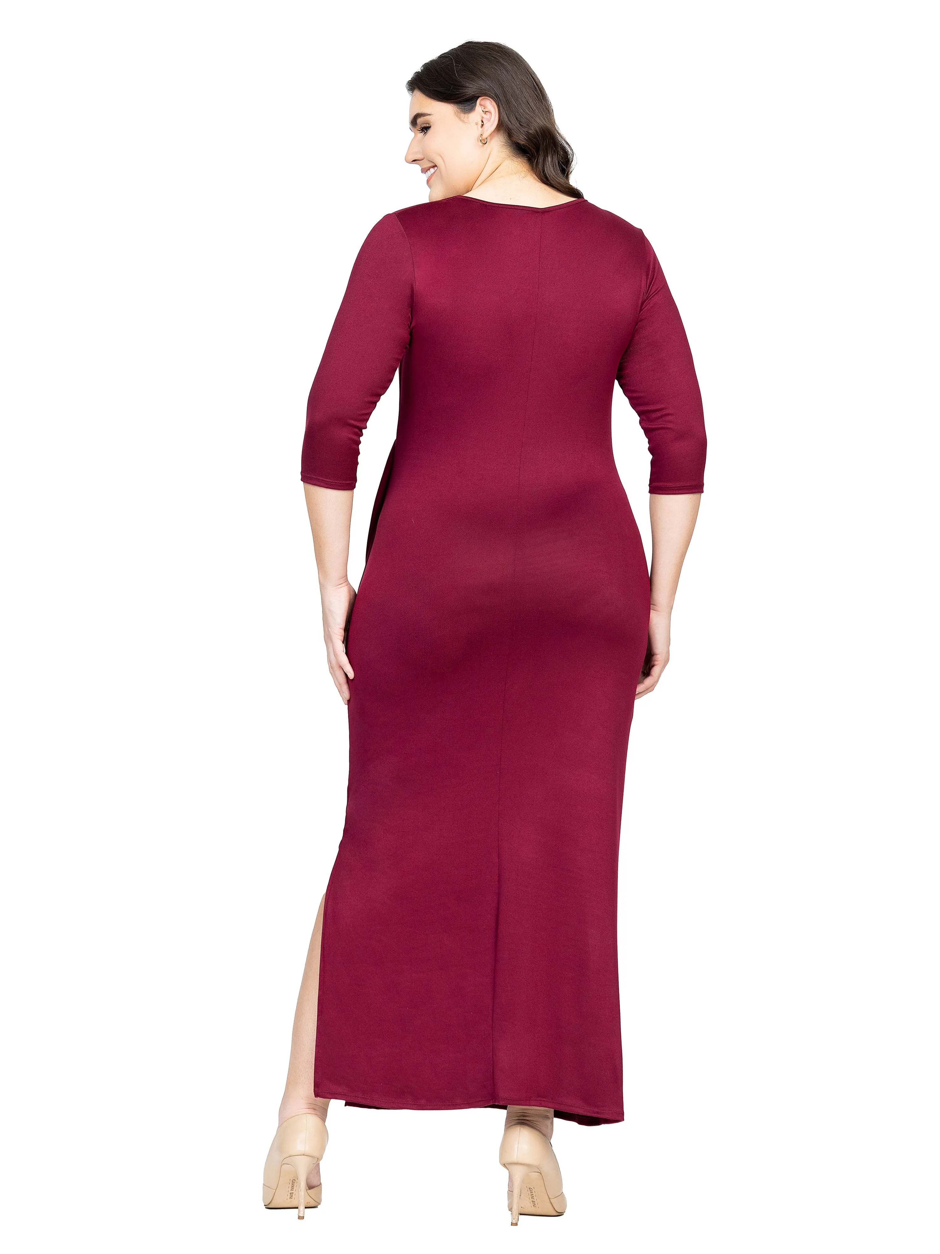 Fitted V-Neck Side Slit Plus Size Maxi Dress