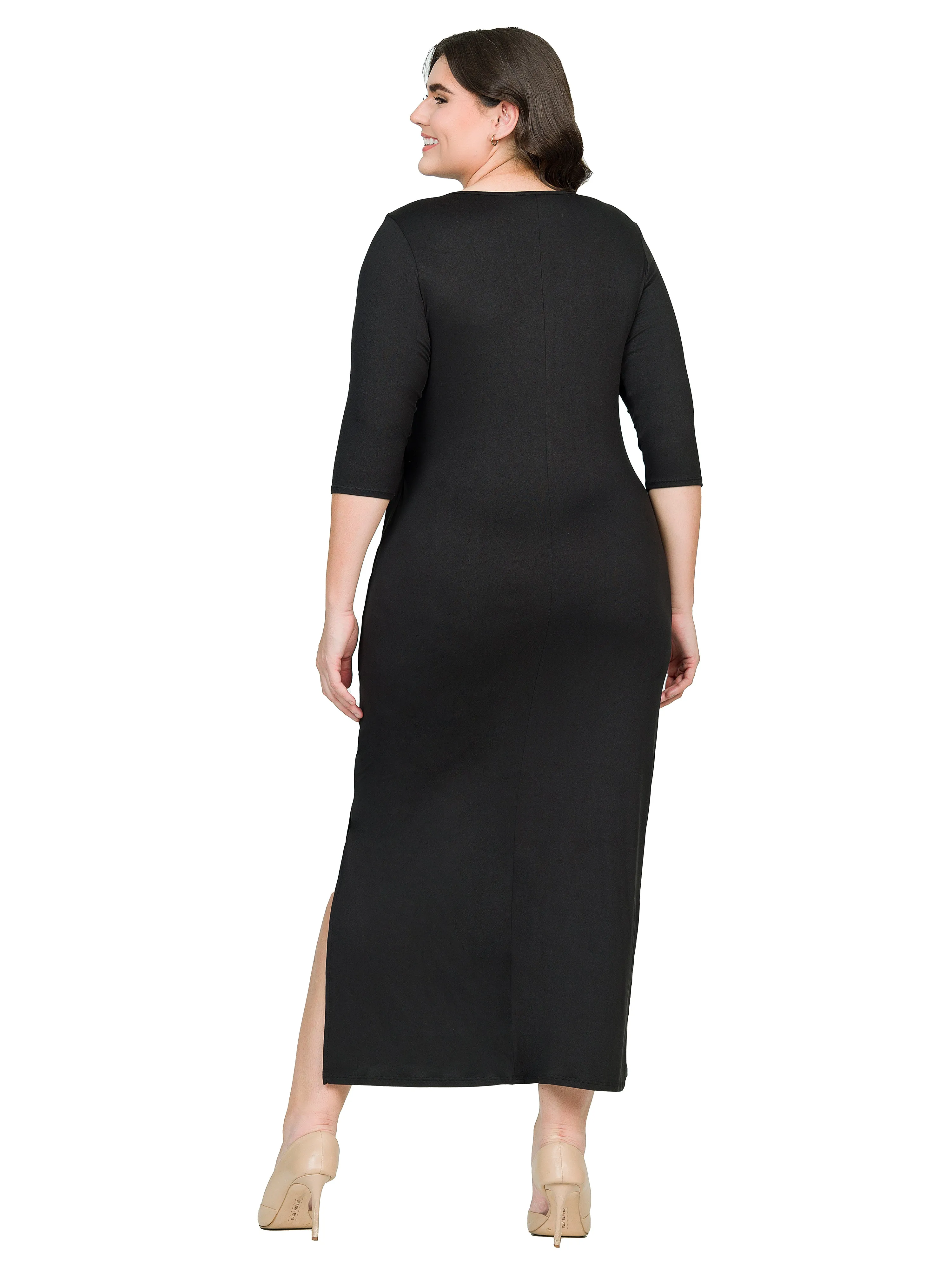 Fitted V-Neck Side Slit Plus Size Maxi Dress