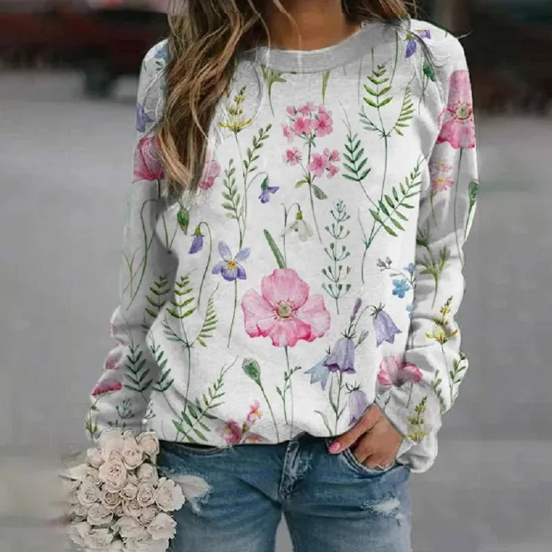 Floral Crew Neck Long Sleeves Sweatshirts