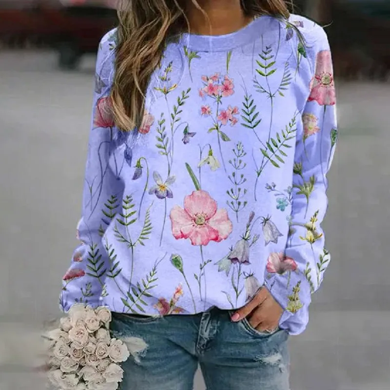 Floral Crew Neck Long Sleeves Sweatshirts