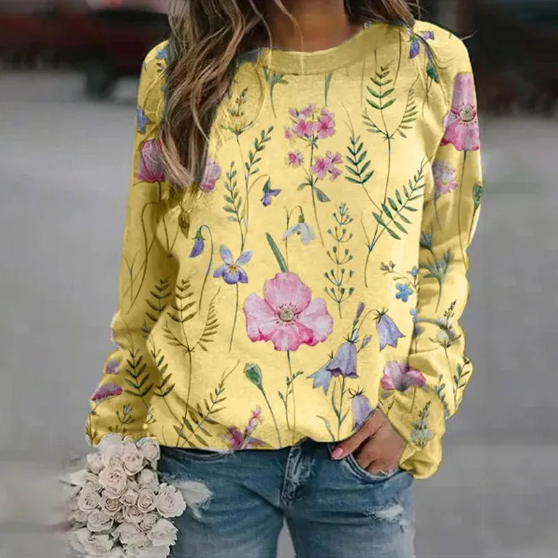 Floral Crew Neck Long Sleeves Sweatshirts