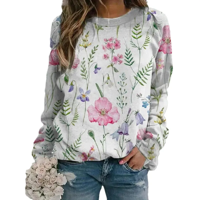 Floral Crew Neck Long Sleeves Sweatshirts