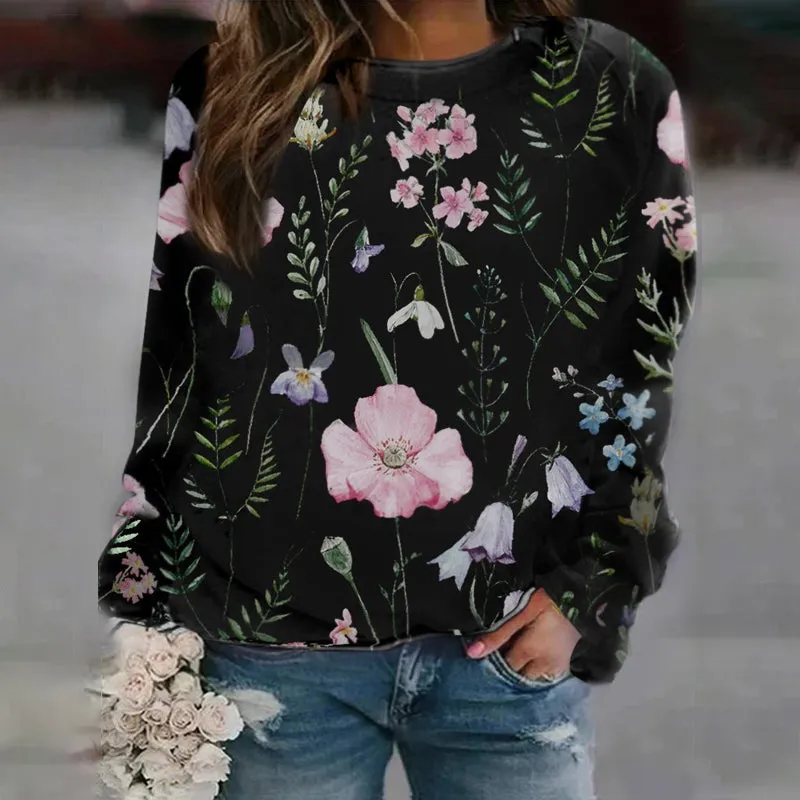 Floral Crew Neck Long Sleeves Sweatshirts