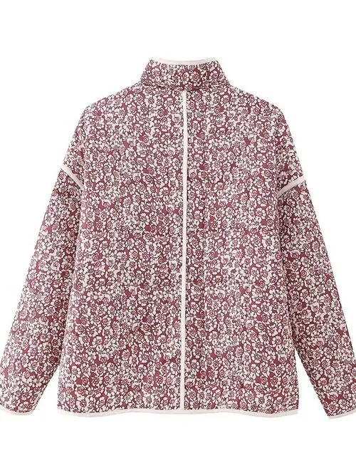 Floral Open Front Puffer Jacket with Pockets