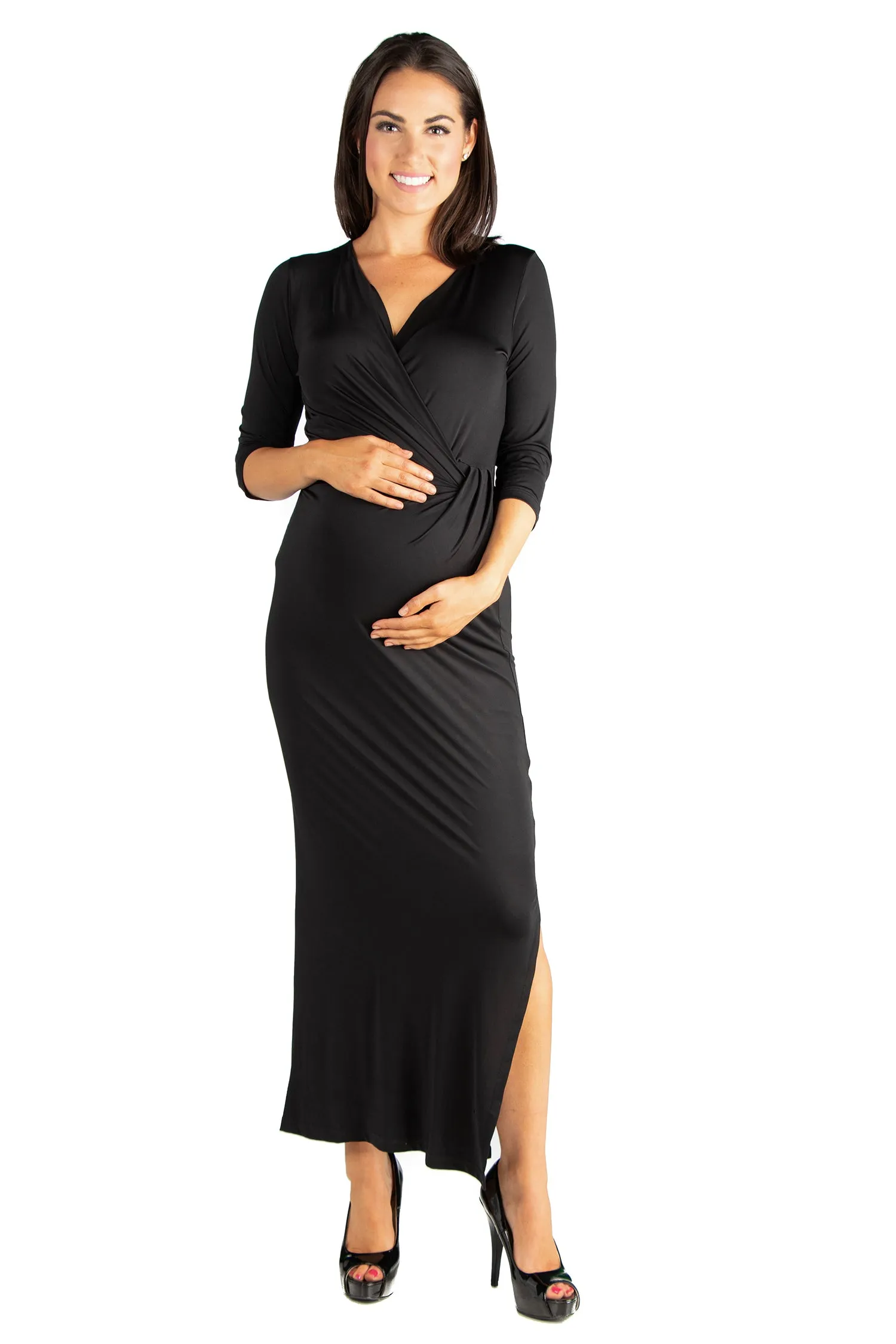 Floral V-Neck Side Slit Maternity Maxi Dress