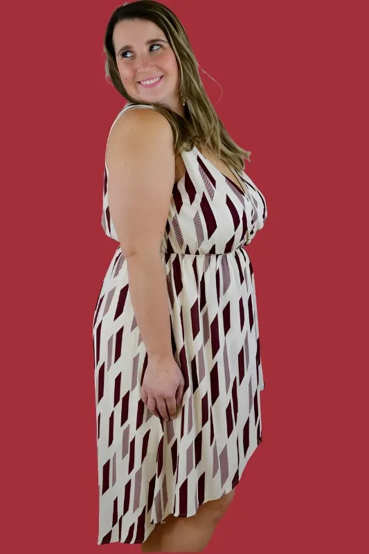 Geo Print Faux Wrap Dress - Burgundy