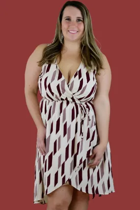 Geo Print Faux Wrap Dress - Burgundy