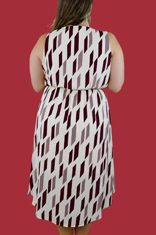 Geo Print Faux Wrap Dress - Burgundy