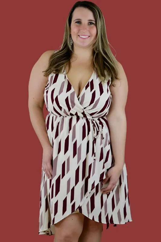 Geo Print Faux Wrap Dress - Burgundy