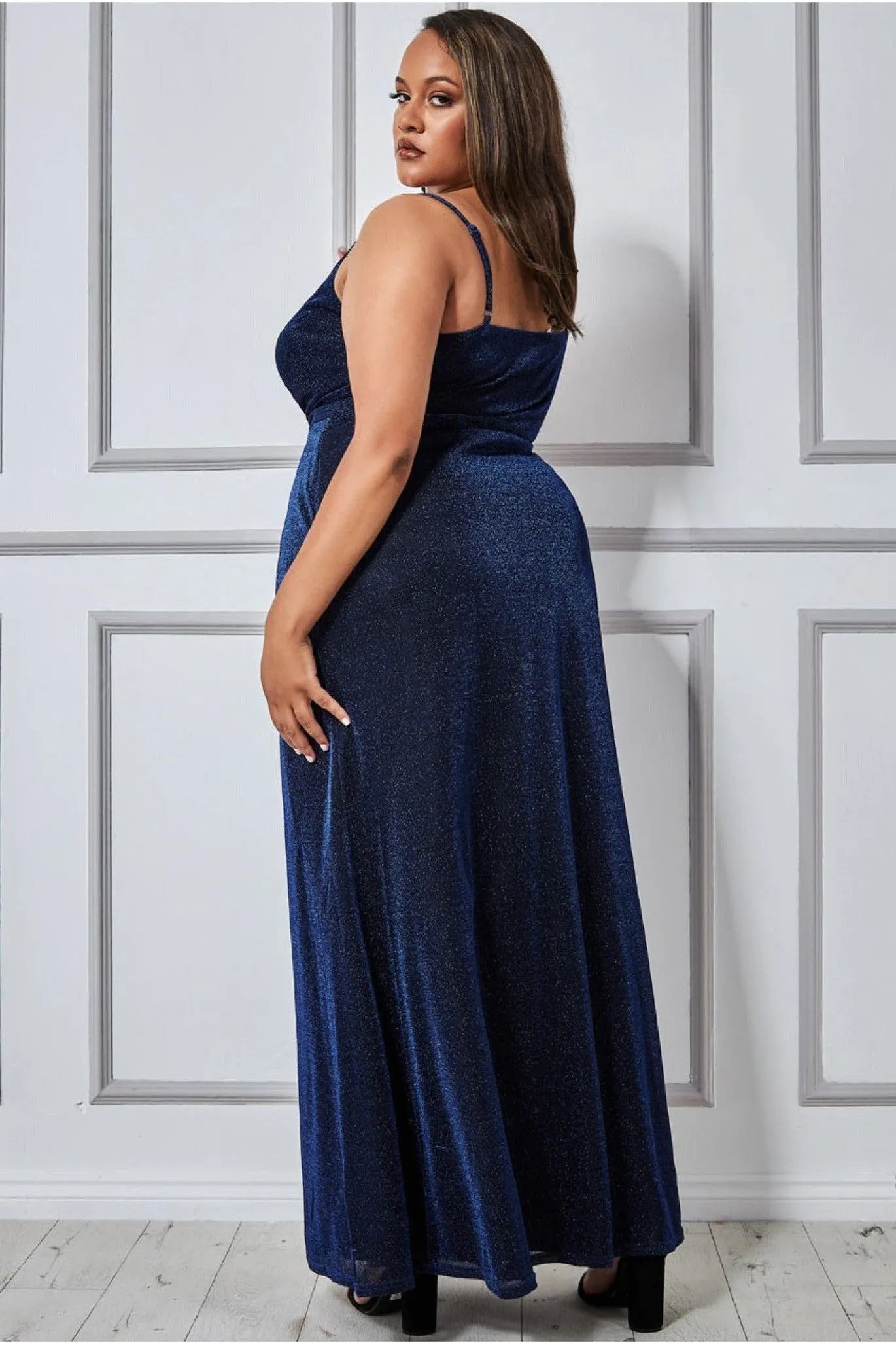 Goddiva Plus Wrap Style Spaghetti Strap Maxi Split - Navy