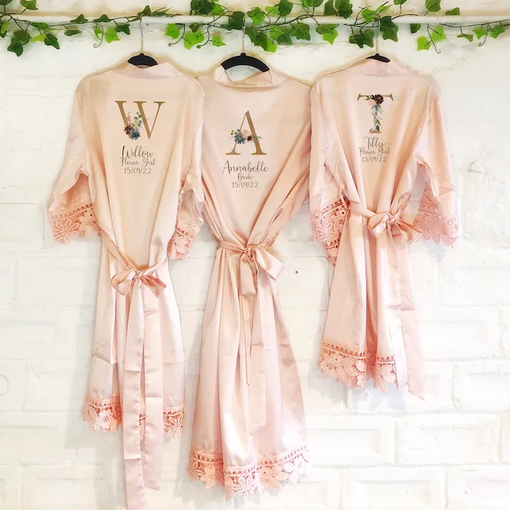 Gold & Burgundy Alphabet Lace Wedding Dressing Robe