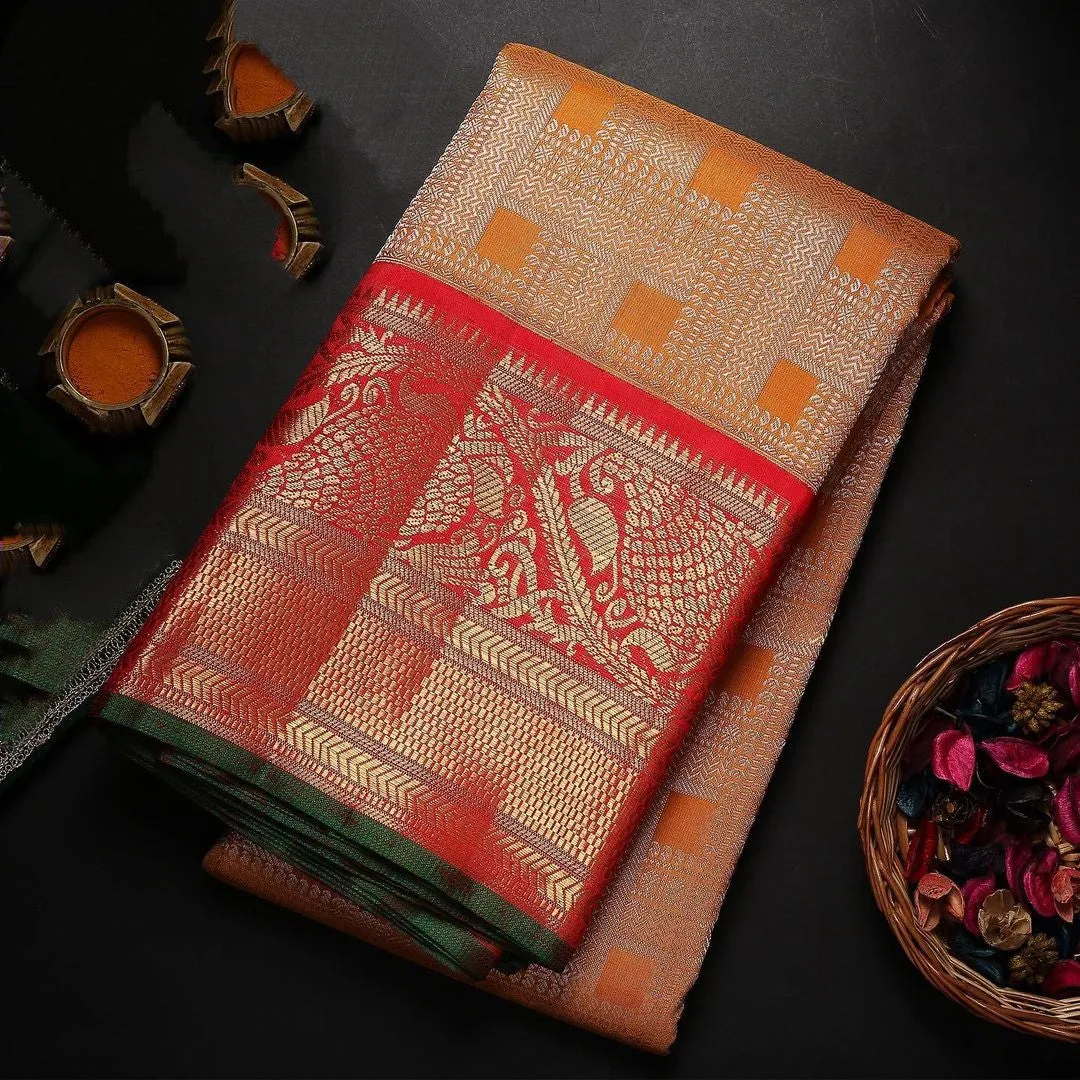 Gratifying Orange Soft Banarasi Silk Saree With Two Attractive Blouse Piece