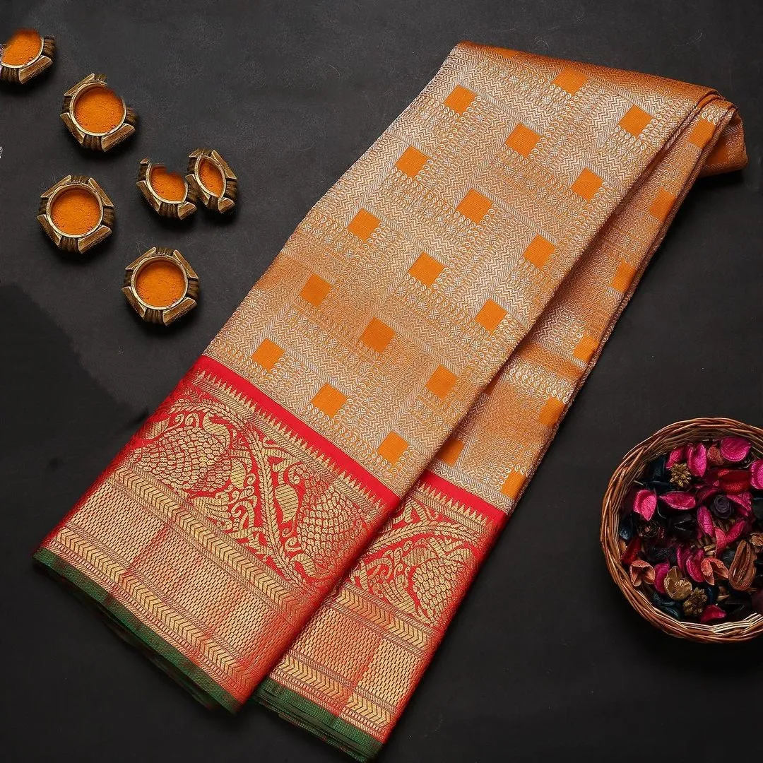 Gratifying Orange Soft Banarasi Silk Saree With Two Attractive Blouse Piece