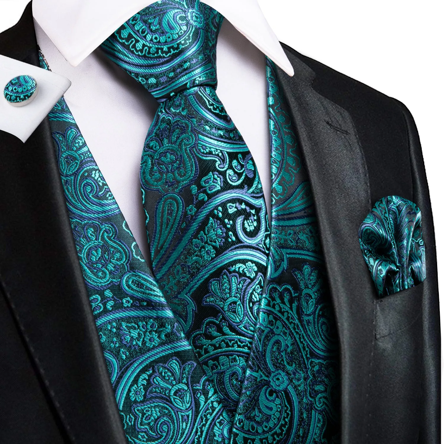 Green Paisley Silk Men's Vest Hanky Cufflinks Tie Set Waistcoat Suit Set