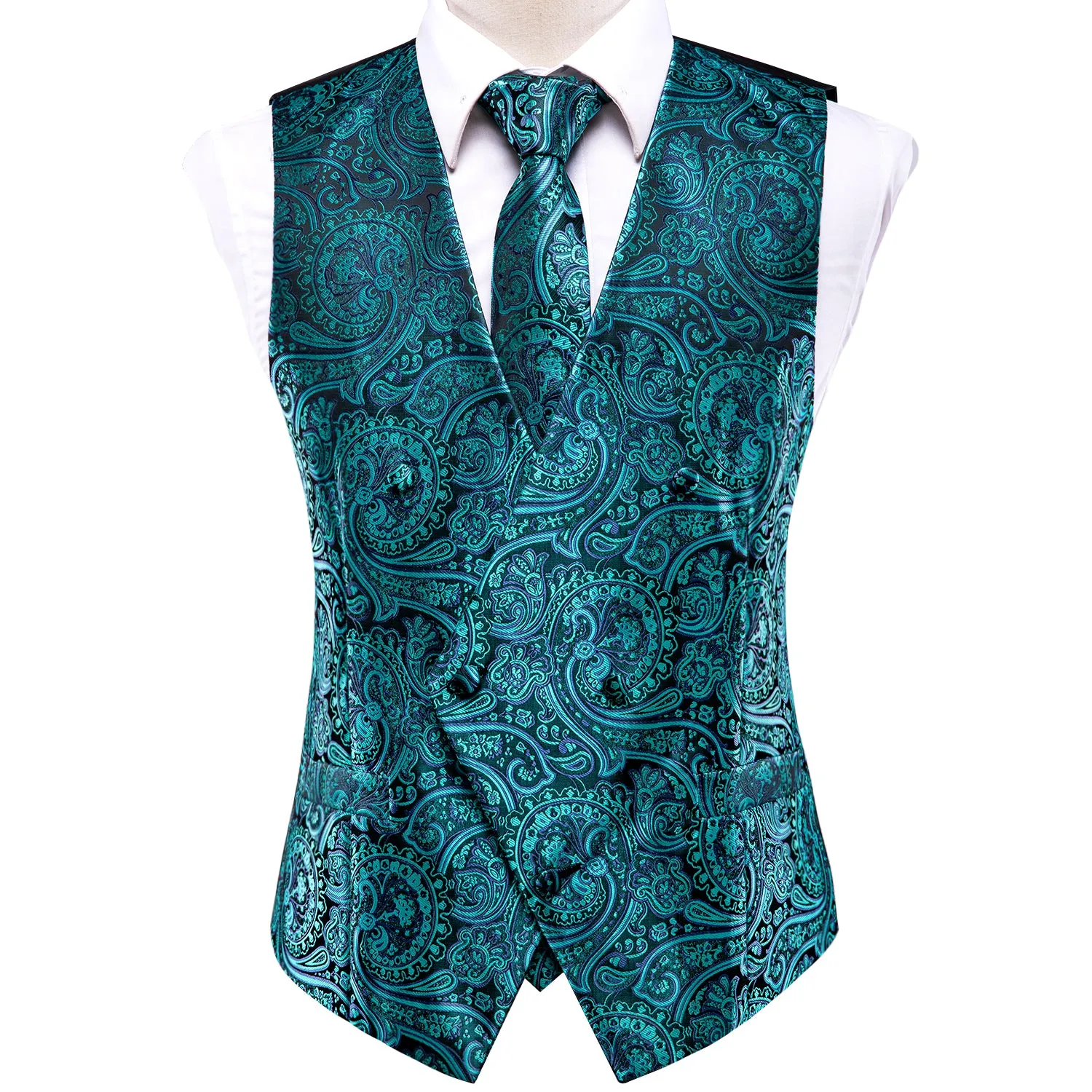 Green Paisley Silk Men's Vest Hanky Cufflinks Tie Set Waistcoat Suit Set