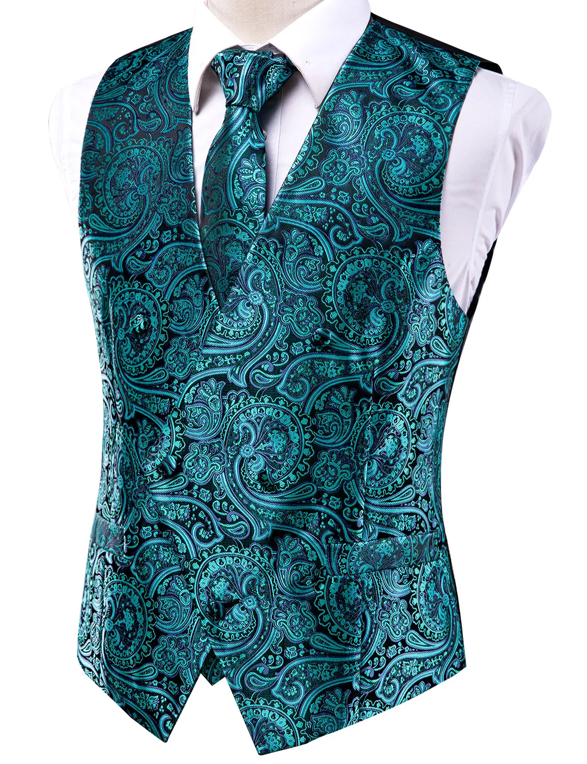 Green Paisley Silk Men's Vest Hanky Cufflinks Tie Set Waistcoat Suit Set