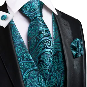 Green Paisley Silk Men's Vest Hanky Cufflinks Tie Set Waistcoat Suit Set