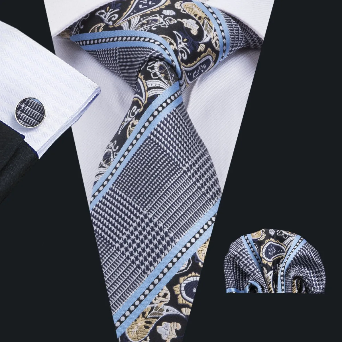 Grey Blue Novelty Tie Pocket Square Cufflinks Set Gift Box Set