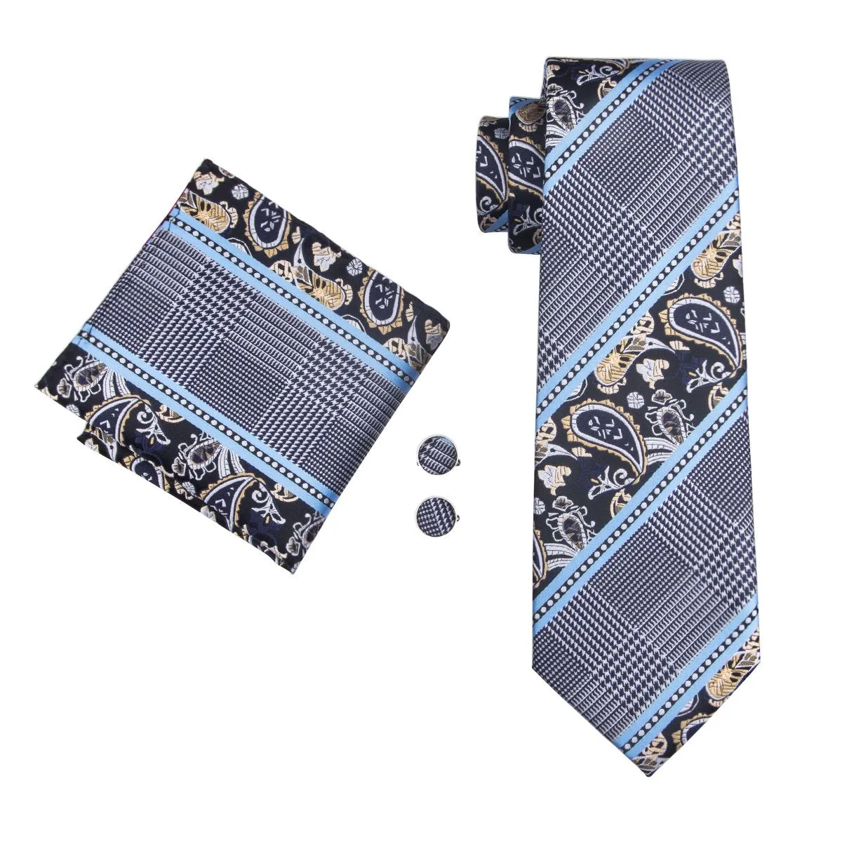 Grey Blue Novelty Tie Pocket Square Cufflinks Set Gift Box Set