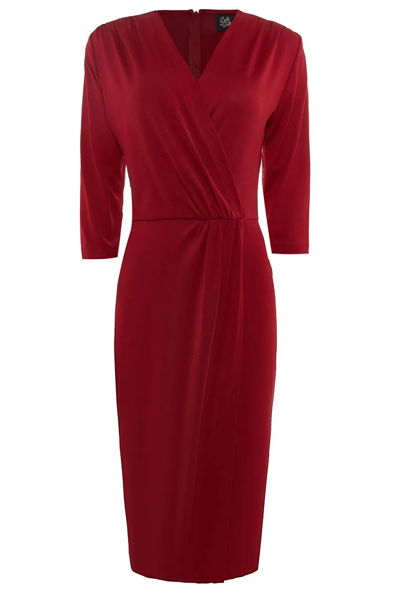 Harper 50s Inspired Wrap Over Dress in Burgundy