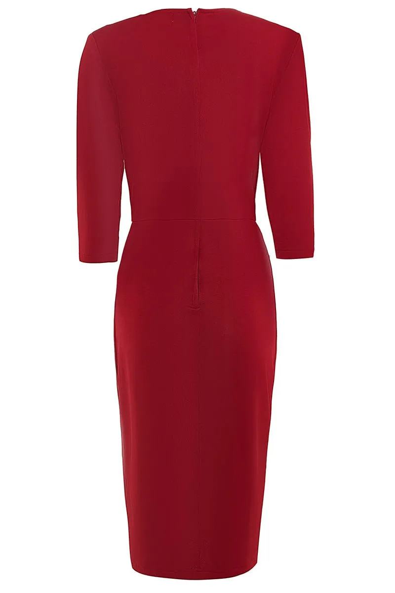 Harper 50s Inspired Wrap Over Dress in Burgundy