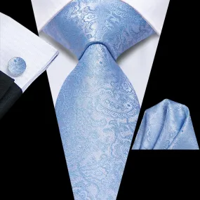 Hi-Tie Baby Blue Paisley Silk Mens Tie Handkerchief Cufflinks Set