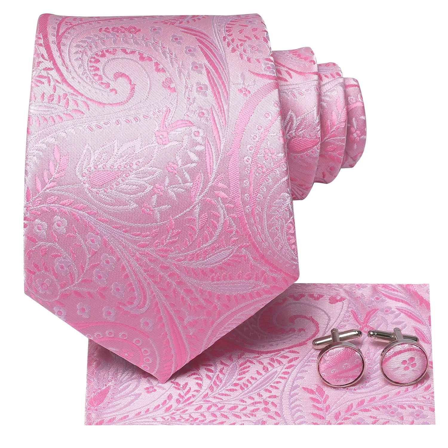 Hi-Tie Baby Pink Paisley 67" Extra Long Tie Handkerchief Cufflinks Set