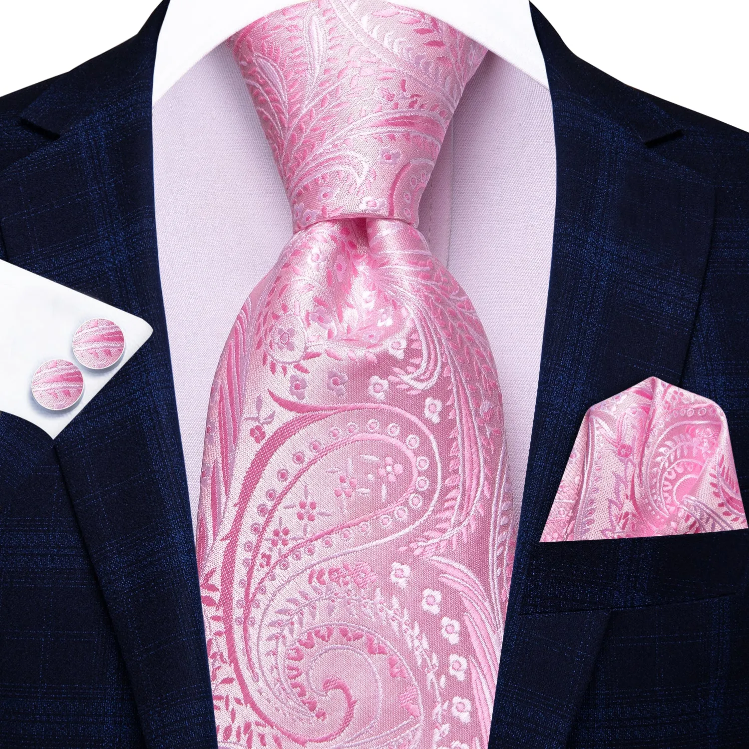 Hi-Tie Baby Pink Paisley 67" Extra Long Tie Handkerchief Cufflinks Set