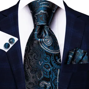 Hi-Tie Black Blue Jacquard Floral Mens Tie Pocket Square Cufflinks Set