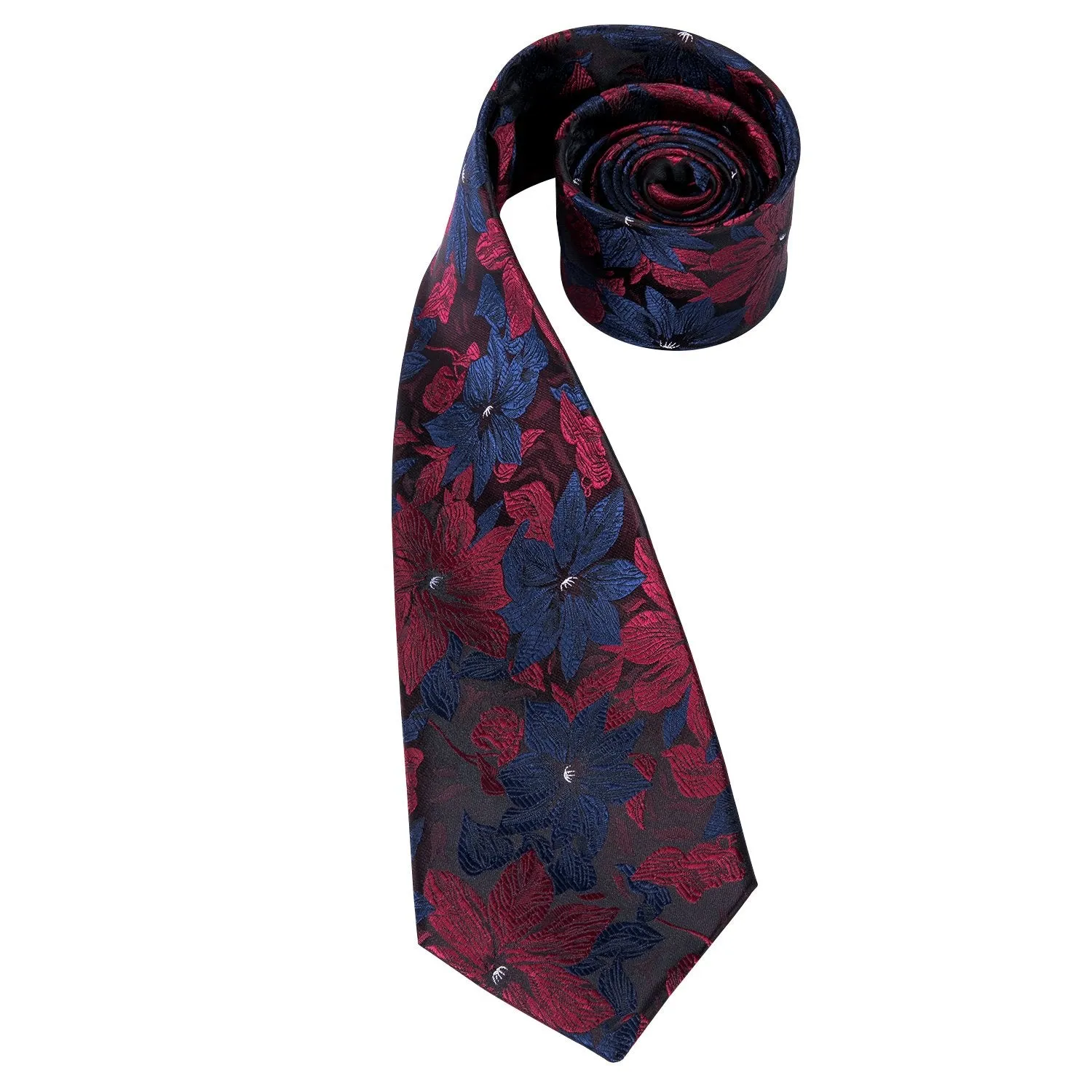 Hi-Tie Black Blue Red Floral Tie Pocket Square Cufflinks Gift Box Set